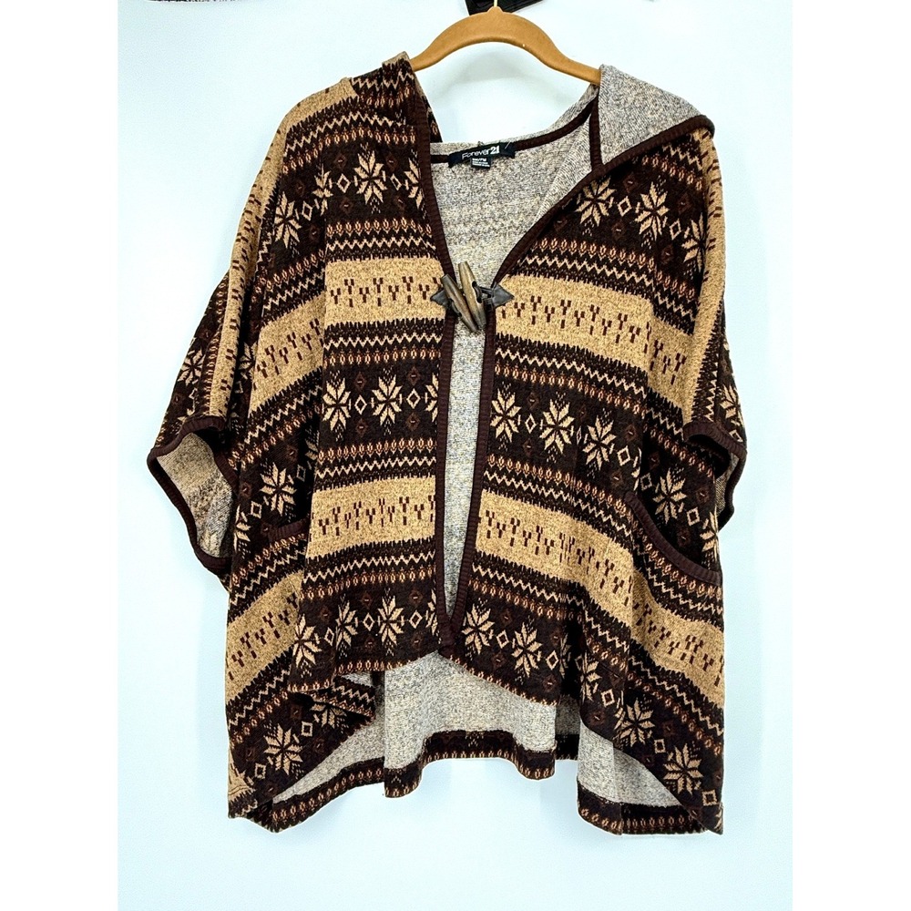 Y2K Forever 21 Hooded Knit Poncho Toggle Closure‎ Fair Isle Brown Tan SM